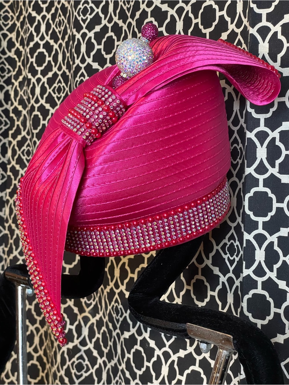 Elegant Hot Pink Crystal-Trimmed Women's Hat